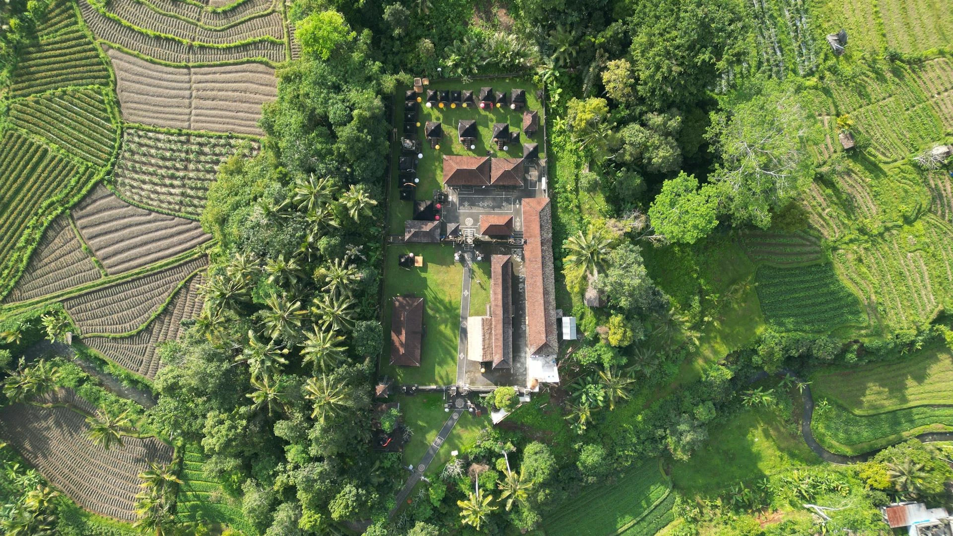 Bali Hindu temple aerial view surrounded by rice fields and palms