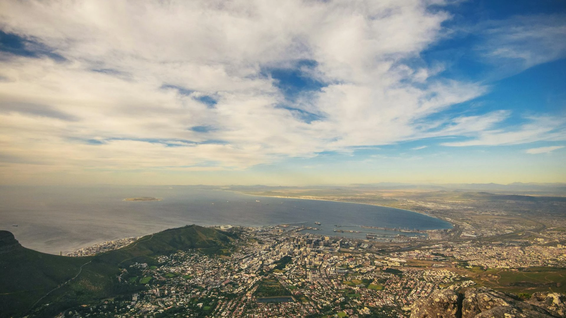 Aerial view of Cape Town with Table Mountain, Cape Peninsula, and Atlantic Ocean
