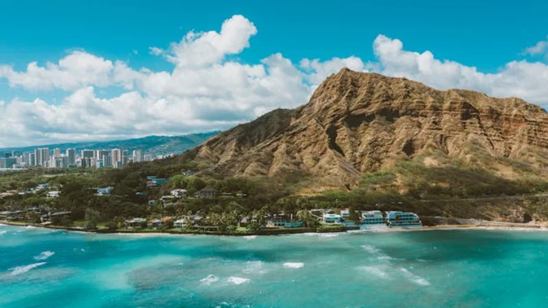 Hawaii beach with volcanic backdrop and tropical coast
