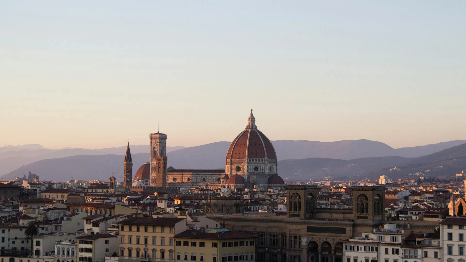 Florence Duomo and Palazzo Vecchio panorama from Piazzale Michelangelo at sunset