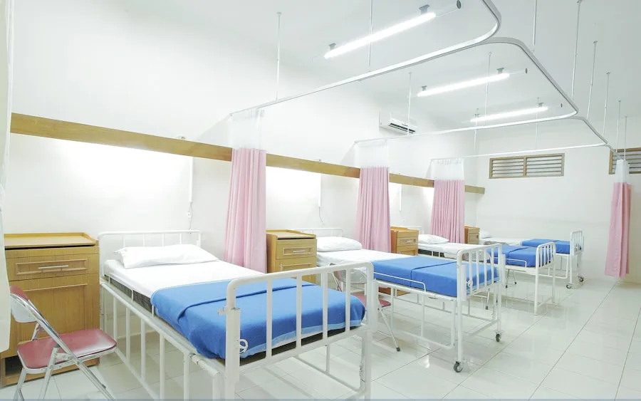 Hospital unit corridor with nursing station where travel CNAs work in acute care