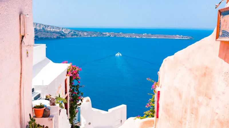 Santorini caldera view whitewashed village and blue sea