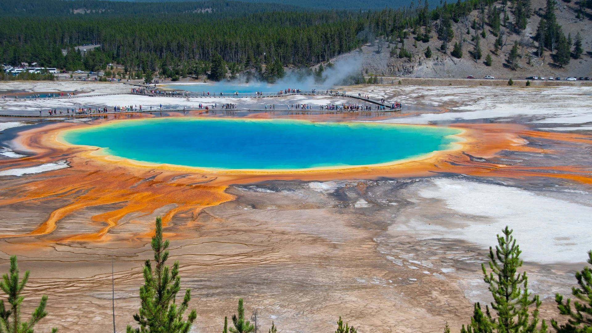 Aerial view of the Grand Prismatic Spring's rainbow colours in Yellowstone National Park